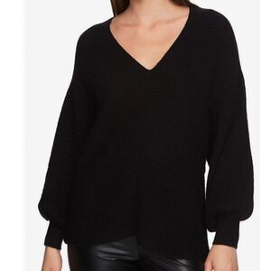 1. State Sweater Bishop Sleeves Rich Black Knit V-Neck Casual Neutral Blouson